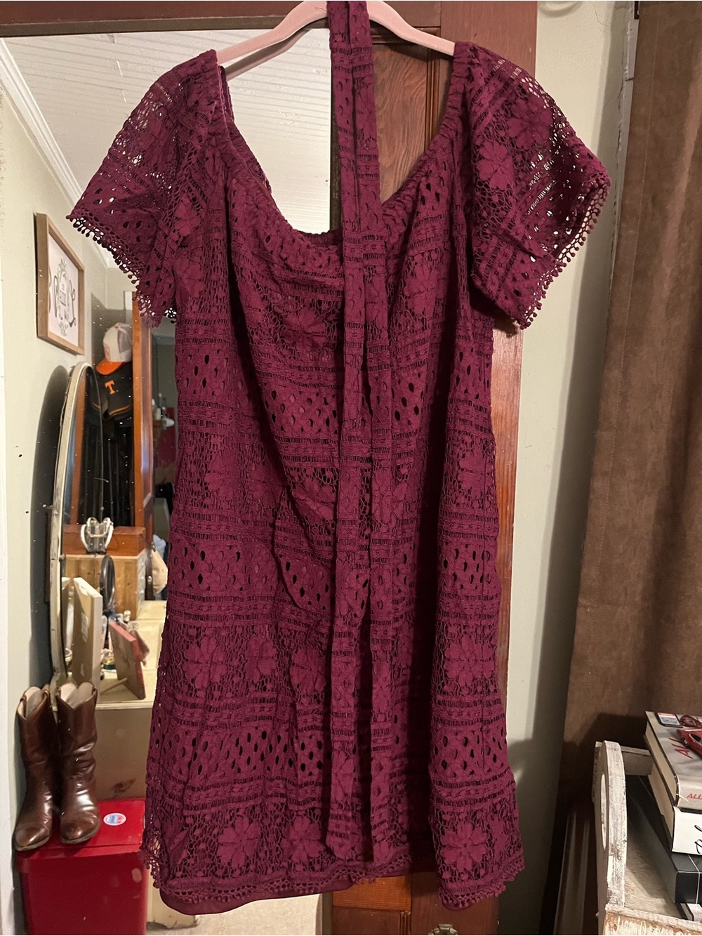 Lace Overlay On or Off Shoulder Dress in Wine